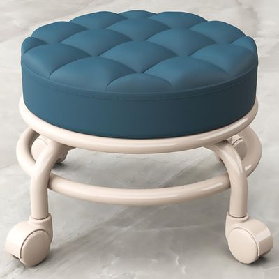 Living Room Footstools With Universal Swivel Caster Wheels Leather Small Rolling Stools Round PU Seat Metal Frame for Home & Office,Blue