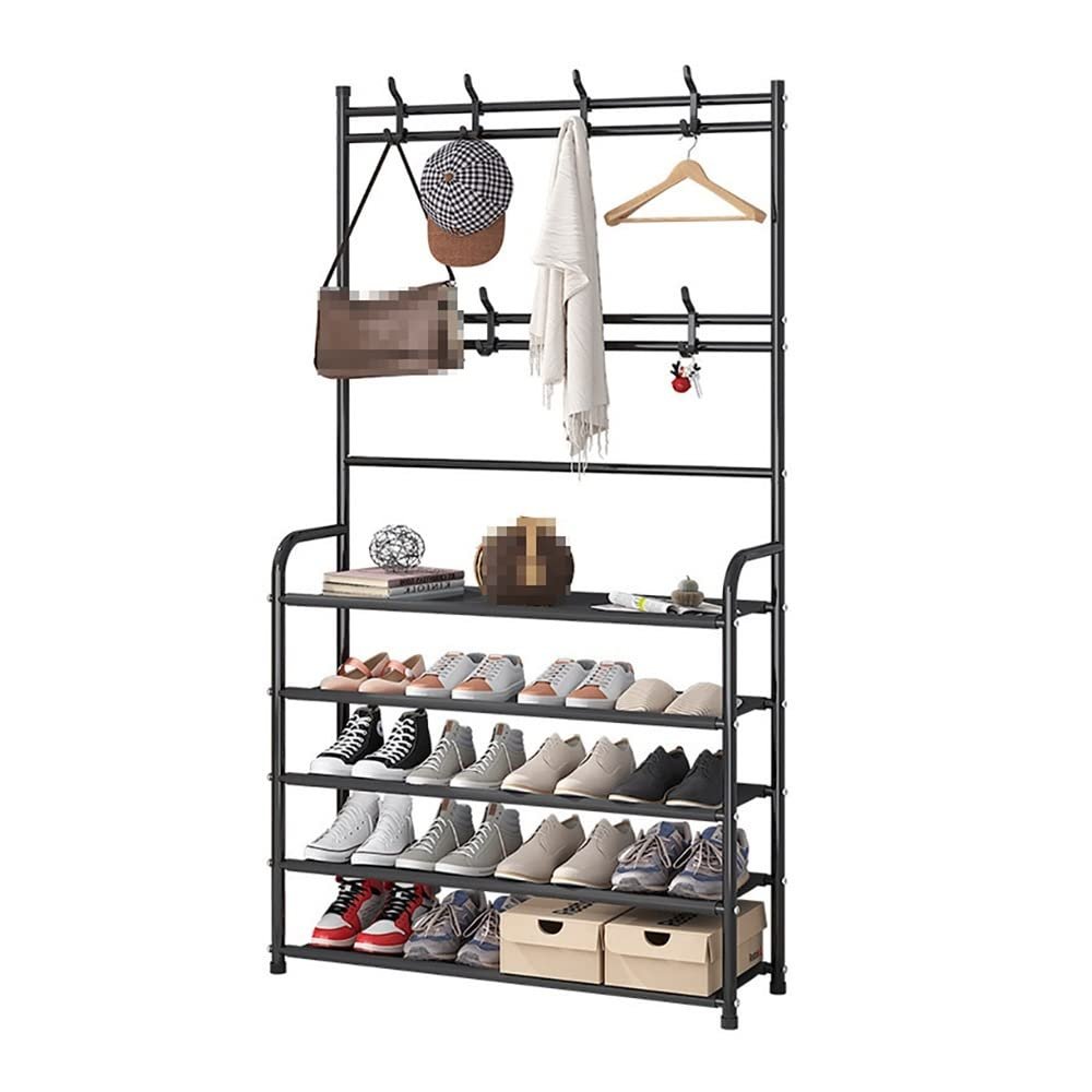 ElicNa Clothes Rack 3-in-1 Metal Hall Tree with 4-Tier Shelf and 8 Removable Hooks Accent Furniture with Shoe Rack for Entryway, Hallway, Bedroom (Color : White, Size : 5_60CM)