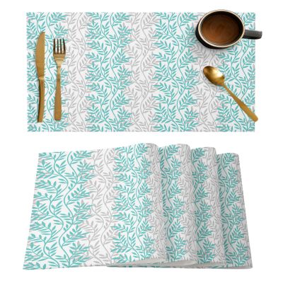 Abstract Leaf Placemats for Dining Table- Teal Green and Gray Gradient Plant Art Table Mats Washable Modern Outdoor Indoor Placemats for Home Party Wedding Holiday Decor, Set of 6