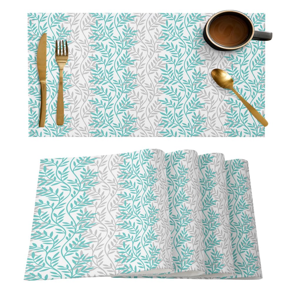 Abstract Leaf Placemats for Dining Table- Teal Green and Gray Gradient Plant Art Table Mats Washable Modern Outdoor Indoor Placemats for Home Party Wedding Holiday Decor, Set of 6