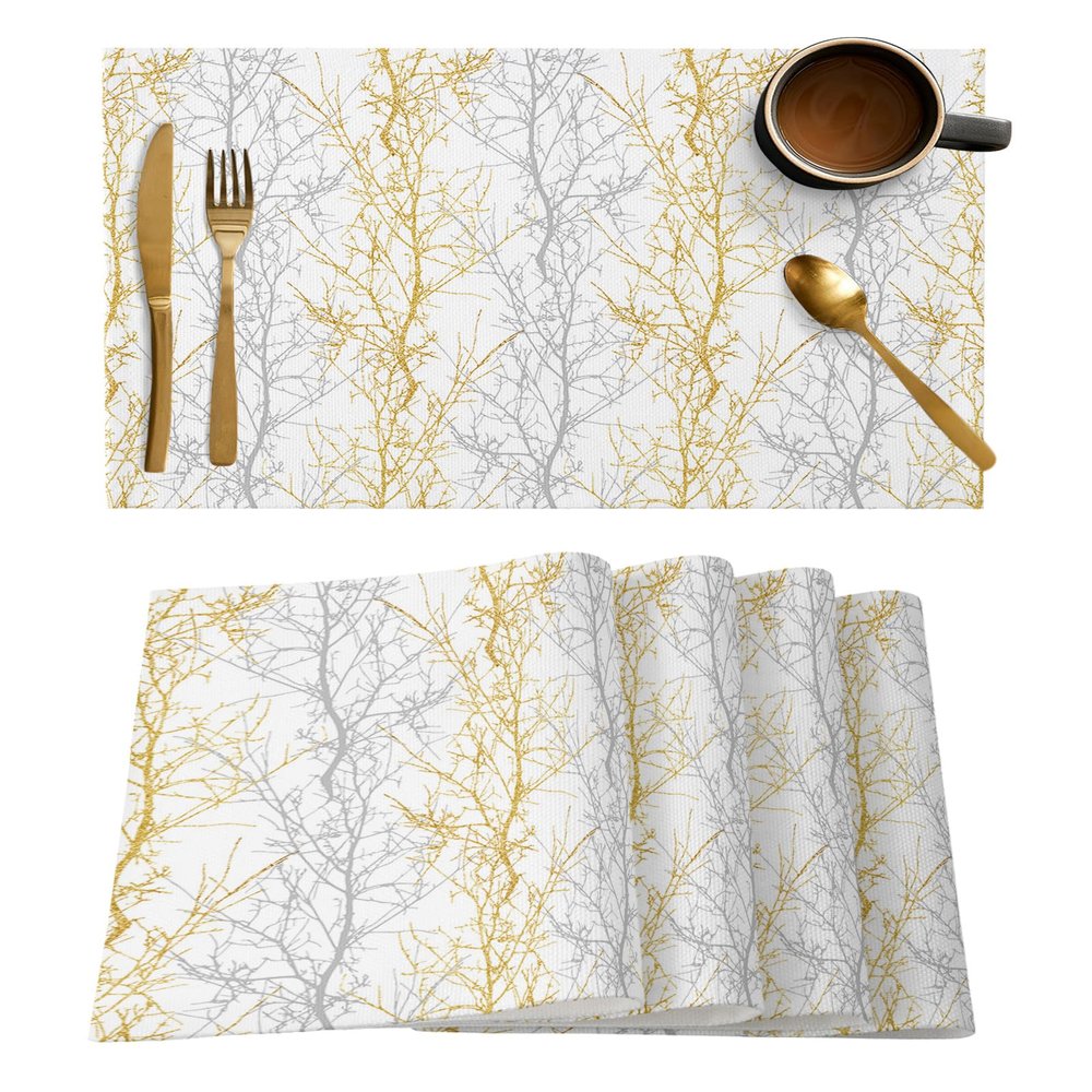 Art Branch Placemats for Dining Table- Golden and Grey Gradient Plant Art Table Mats Washable Modern Outdoor Indoor Placemats for Home Party Wedding Holiday Decor, Set of 6