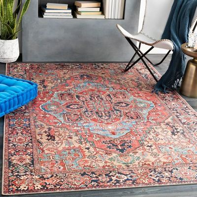 Bright Red Medallion Printed Vintage Rug for High Traffic Areas Size: 2'3" X 3'9" | Rectangle Durable Machine-Woven Stain Resistant Low 0.08 Inch Pile Height