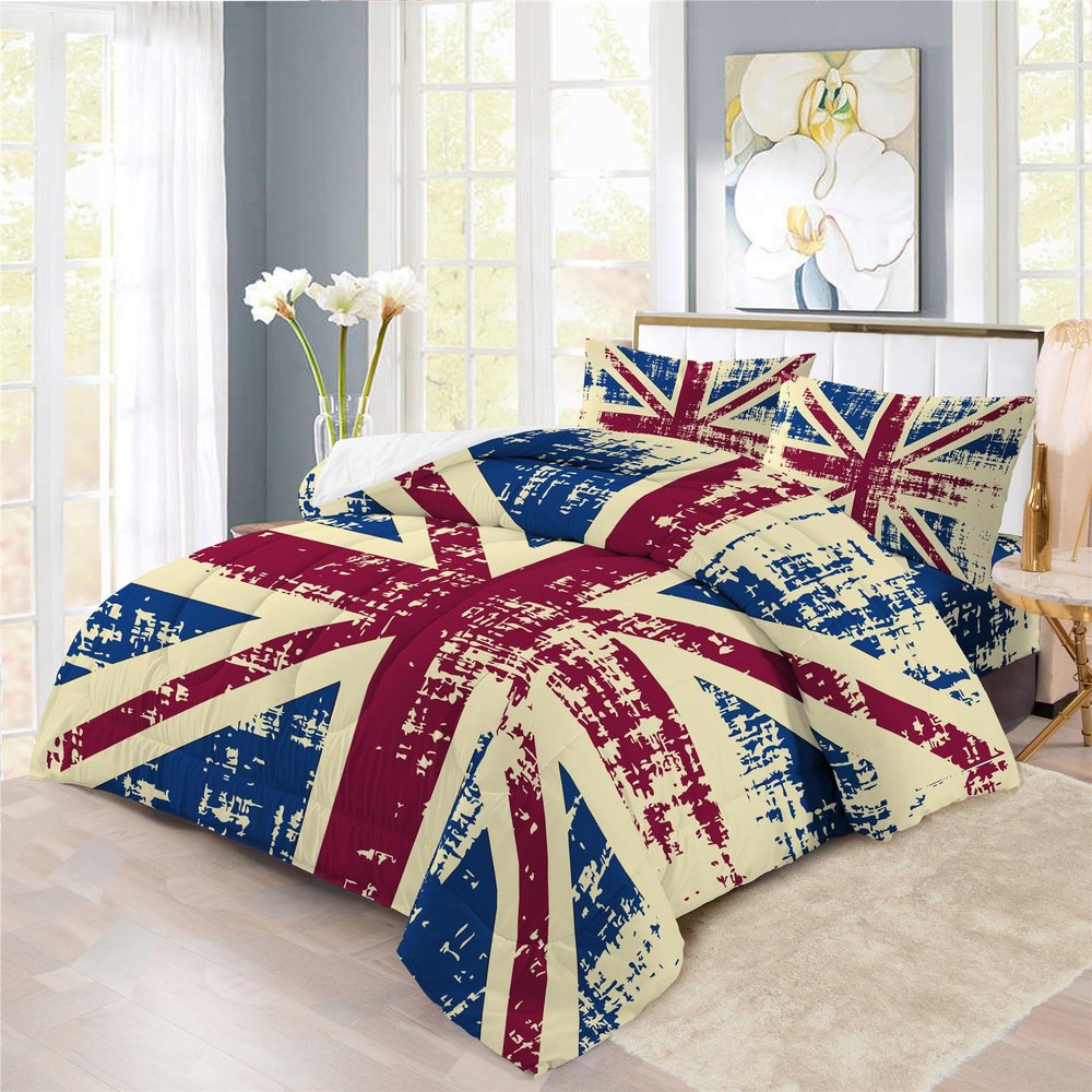 Retro British Flag Design Comforter Set | UK Flag Union Jack Prints Bedding Set | with Soft Comforter+2 Pillow Shams(3PCS) or Sheet (4PCS) (B,Twin-3PCS)