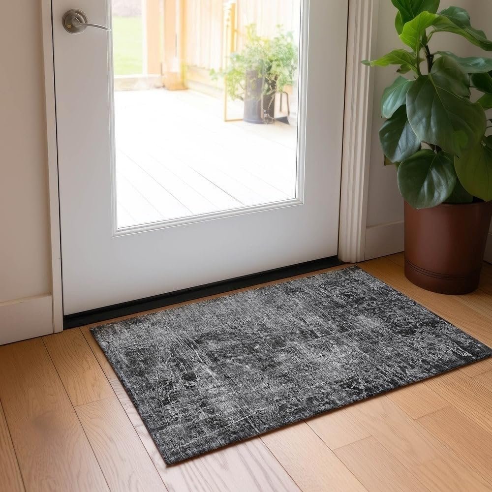HNU Durable UV Stabilized Indoor & Outdoor Rectangle Machine Washable Rug, Size: 9' x 12' | Silver Gray Abstract Pattern Ultra-Thin Design with Non-Skid Backing