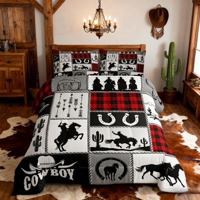 Rustic Farmhouse Horse Kids Comforter Set Full Size,Western Cowboy Cactus Bedding Set,Boys Girls Adults Room Decor,Geometric Plaids Arrows Boho Down Comforter,Red Xmas Duvet Insert,2 Pillowcases