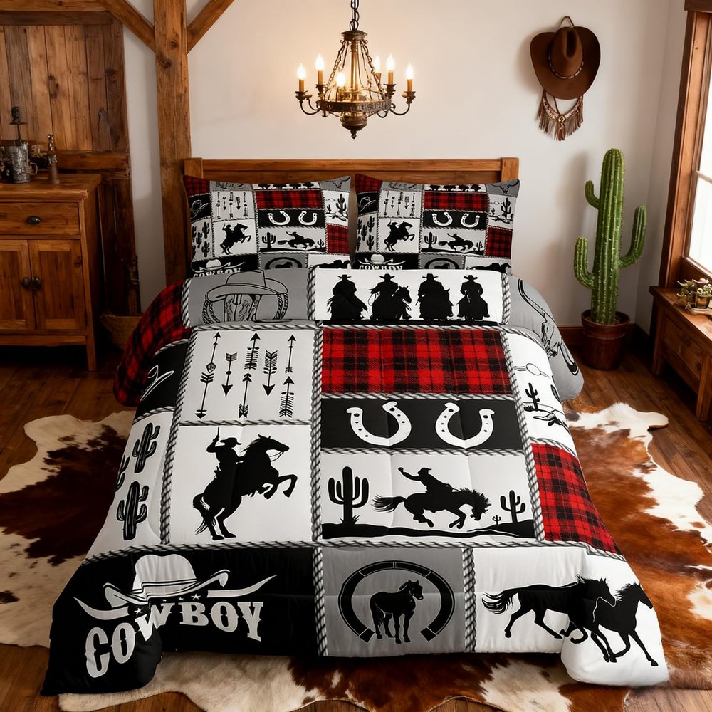 Rustic Farmhouse Horse Kids Comforter Set Full Size,Western Cowboy Cactus Bedding Set,Boys Girls Adults Room Decor,Geometric Plaids Arrows Boho Down Comforter,Red Xmas Duvet Insert,2 Pillowcases