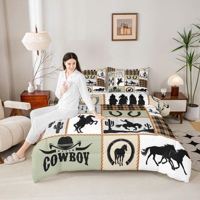 Western Cowboy Kids Comforter Set Full Size,Horseshoes Cactus Arrows Plaids Patchwork Bedding Set,Boys Girls Adults Room Decor,Rustic Farmhouse Down Comforter,Country Duvet Insert,2 Pillowcases