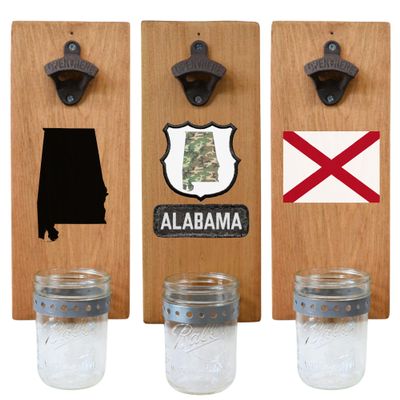 Alabama Bottle Opener With State Flag or Map Graphic - Wall Mount Wood Board With Removable Cap Catcher and Cast Iron Opener - Rustic AL Gift and Home Decor
