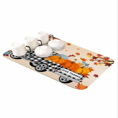 Thanksgiving Dish Drying Mat for Kitchen Counter,Super Absorbent Quick Dry Coffee Bar Mat Pad Thin Diatomaceous Sink Mat Non Slip Dish Drainer Mat 12x16 Black White Plaid Truck Fall Pumpkin Maple Leaf