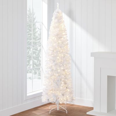 Best Choice Products Pre-Lit White Pencil Christmas Tree, 9ft Slim Lighted Artificial Dcor w/Incandescent White Lights, Skinny Tree, Metal Base