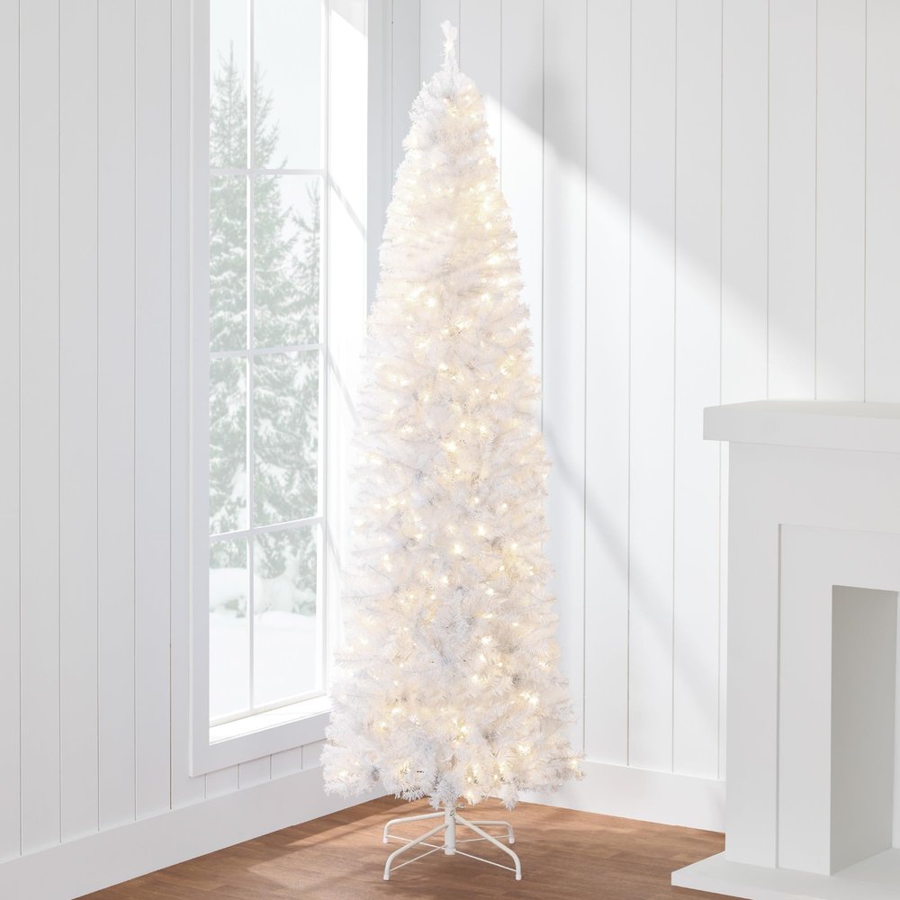 Best Choice Products Pre-Lit White Pencil Christmas Tree, 9ft Slim Lighted Artificial Dcor w/Incandescent White Lights, Skinny Tree, Metal Base