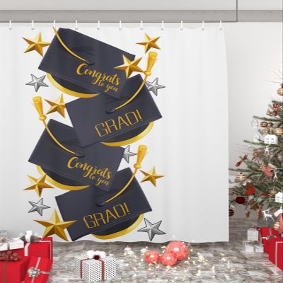 Anzona Graduation Star Waterproof Shower Curtains Set - Extra Long 72 x 84 Inch, Black White Golden Decoration Polyester Fabric Bathroom Curtain with 12 Hooks, Bathroom Accessories, 1 Panel