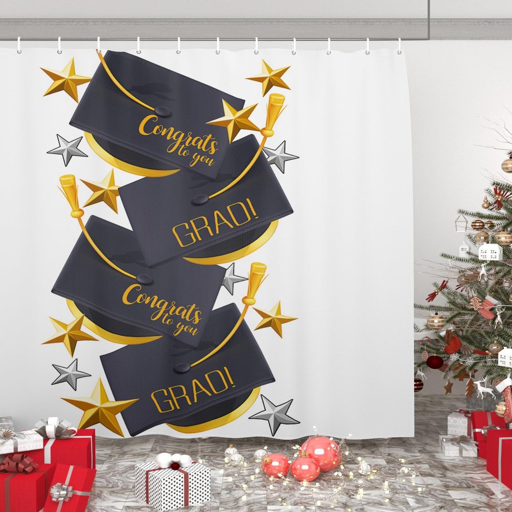 Anzona Graduation Star Waterproof Shower Curtains Set - Extra Long 72 x 84 Inch, Black White Golden Decoration Polyester Fabric Bathroom Curtain with 12 Hooks, Bathroom Accessories, 1 Panel
