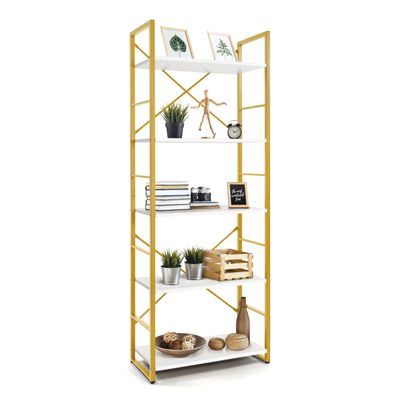 CAPHAUS 5 Tier Bookshelf, 24 Inch Width Free Standing Shelf, Bookcase Shelf Storage Organizer, Industrial Book Shelves for Home Office, Living Room, Kitchen, White Wooden Shelves & Gold Frame
