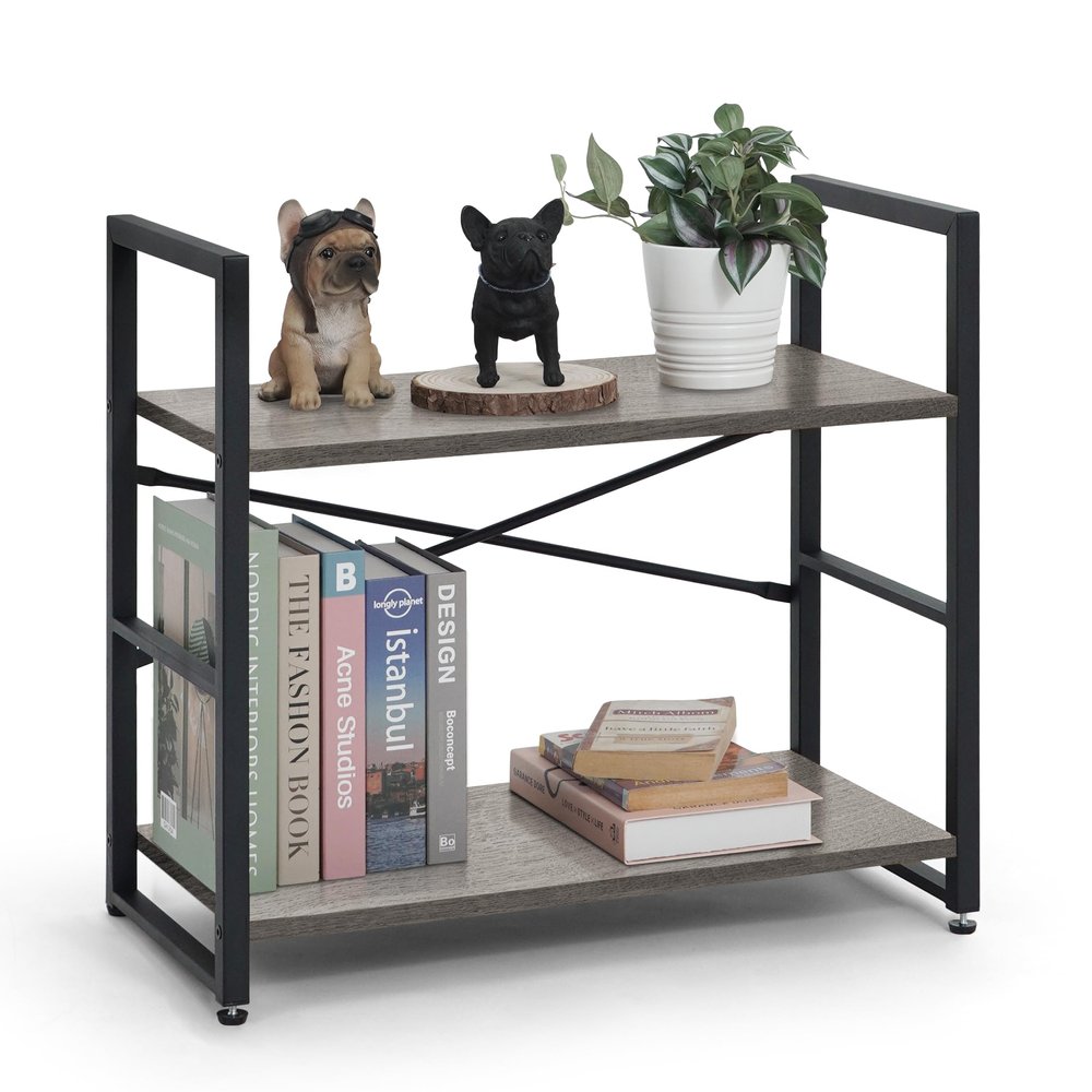 CAPHAUS 2 Tier Small Bookshelf, 24 Inch Width Free Standing Shelf, Bookcase Shelf Storage Organizer, Industrial Book Shelves for Home Office, Living Room, Dark Grey Shelves & Metal Frame