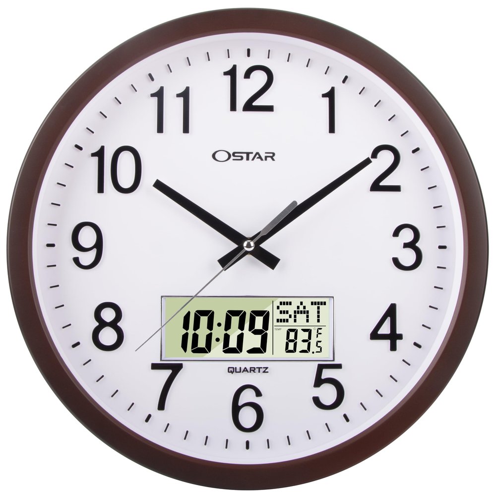 OSTAR 14" Large Analog Digital Display Wall Clock Silent Non-Ticking, Day of The Week Temperature Battery Operated Clock for Living Room Bedroom Kitchen