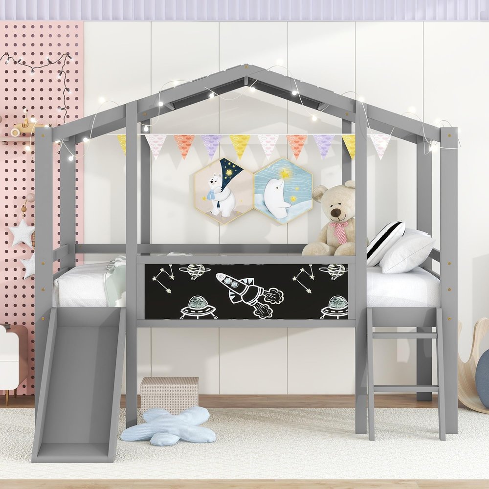 Twin Size Loft Bed with Ladder and Slide, House Bed Solid Wood with Blackboard and Light Strip on The Roof,Bedroom for Kids Boys and Girls (Gray#01)