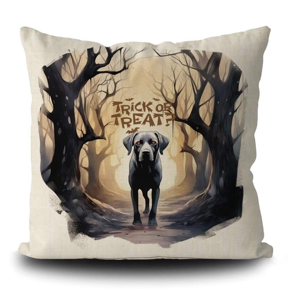 KafePross Halloween Trick or Treat Puppy Dog Pillow Cover Scary Wood Labrador with Pumpink Pumpkin Decor Cotton Linen Halloween Farmhouse Decor Cushion Cover, 16x16 Inch Double Sides Print 132