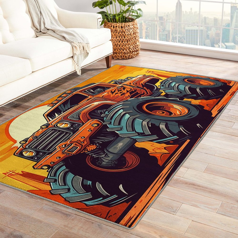 Monster Truck Rug & Home Decor - 6x9 Rug, Boys Rugs for Living Room Bedroom, Kids Carpet, Washable Non Slip Soft Low Pile Indoor Area Rug & Room Decor