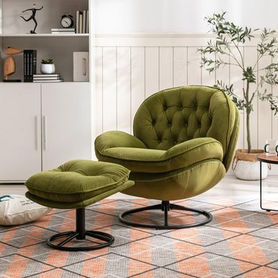 LLS Swivel Accent Chair with Ottoman, Reading Chair, Velvet Lounge Chair, Comfy Living Room Chair, Lazy Sofa for Bedroom,Apartment,Reading Room,Green