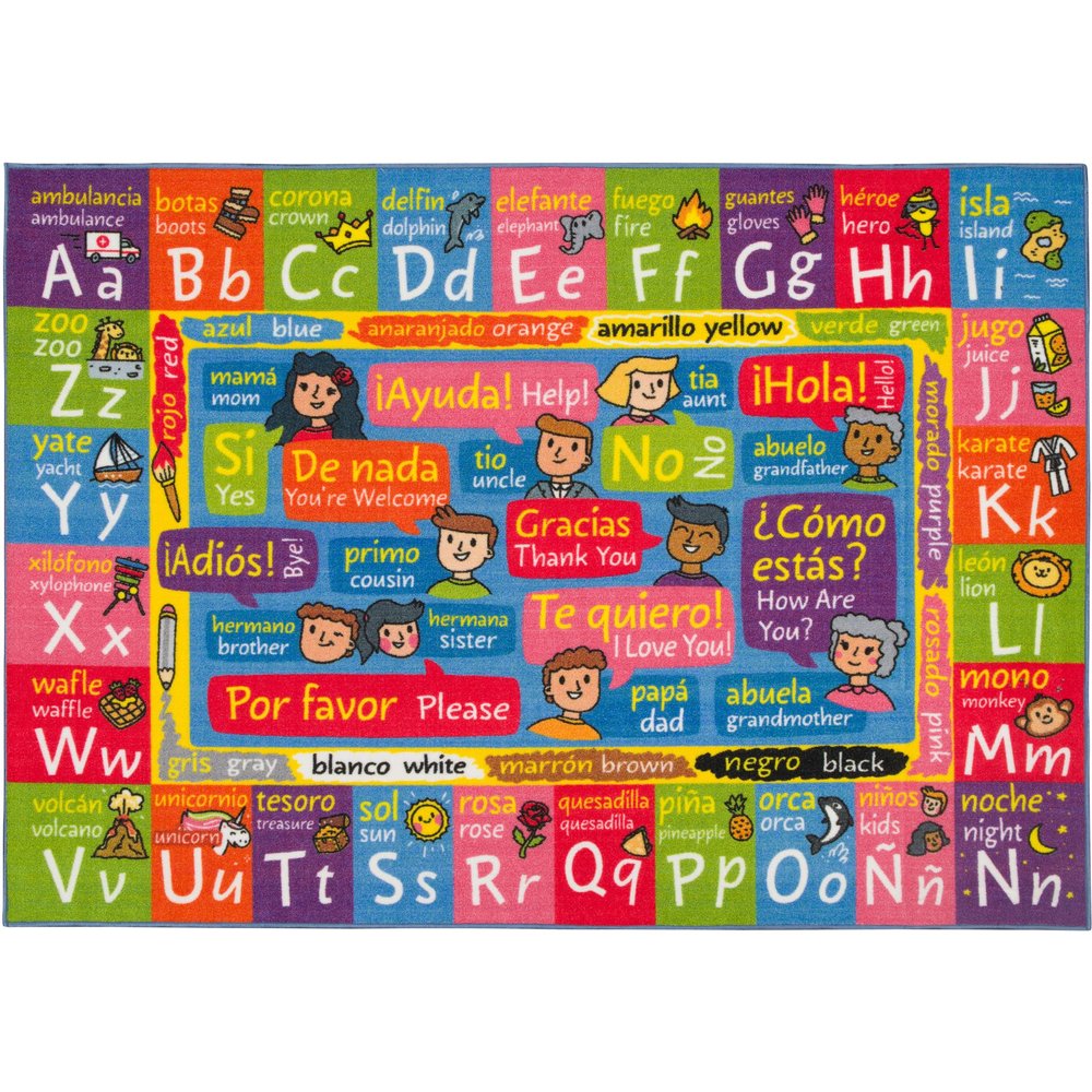 KC Cubs Bilingual Educational Kids Rug  English & Spanish ABC, Colors & Phrases  Language Learning Mat Classroom & Playroom Carpet Baby-Toddler 8x10