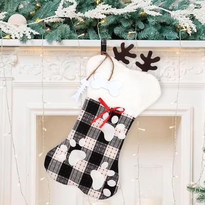 Hying Large Christmas Stockings Xmas Elk Stockings with Dog Paw Bones Winter Gift Stocking Decorations Black White Buffalo Plaid Burlap Stockings for Home Hanging Ornaments Christmas Party Favor