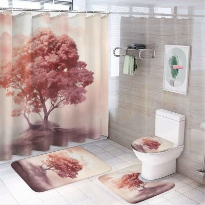 Fairyland Autumn Tree Shower Curtain Set for Bathroom, 4Pcs Misty Red Tree Vintage Style Bathroom Sets with Non Slip Rugs, Toilet Lid Cover, Bath Mat, Shower Curtain, Bathroom Decor