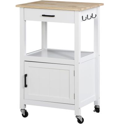 ZENY Rolling Kitchen Island Cart with Storage Cabinet and Shelf, Kitchen Cart with Drawer on Wheels, Small Home Coffee Bar, Microwaves Stand with 3 Side Hooks for Dining Room, White