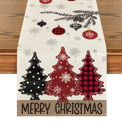 Artoid Mode Red Pine Trees Merry Christmas Table Runner, Winter Xmas Holiday Kitchen Dining Table Decoration for Home Party Decor 13x108 Inch