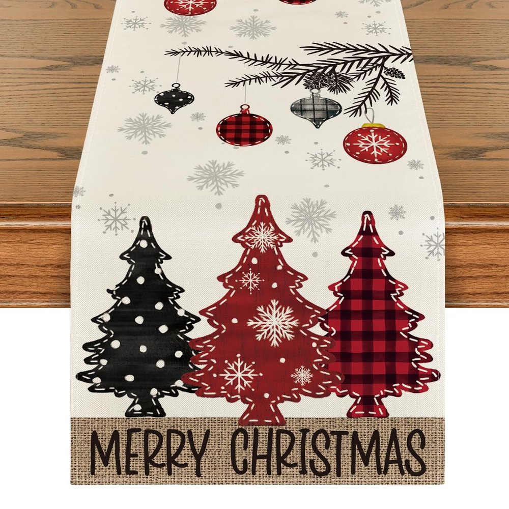 Artoid Mode Red Pine Trees Merry Christmas Table Runner, Winter Xmas Holiday Kitchen Dining Table Decoration for Home Party Decor 13x108 Inch