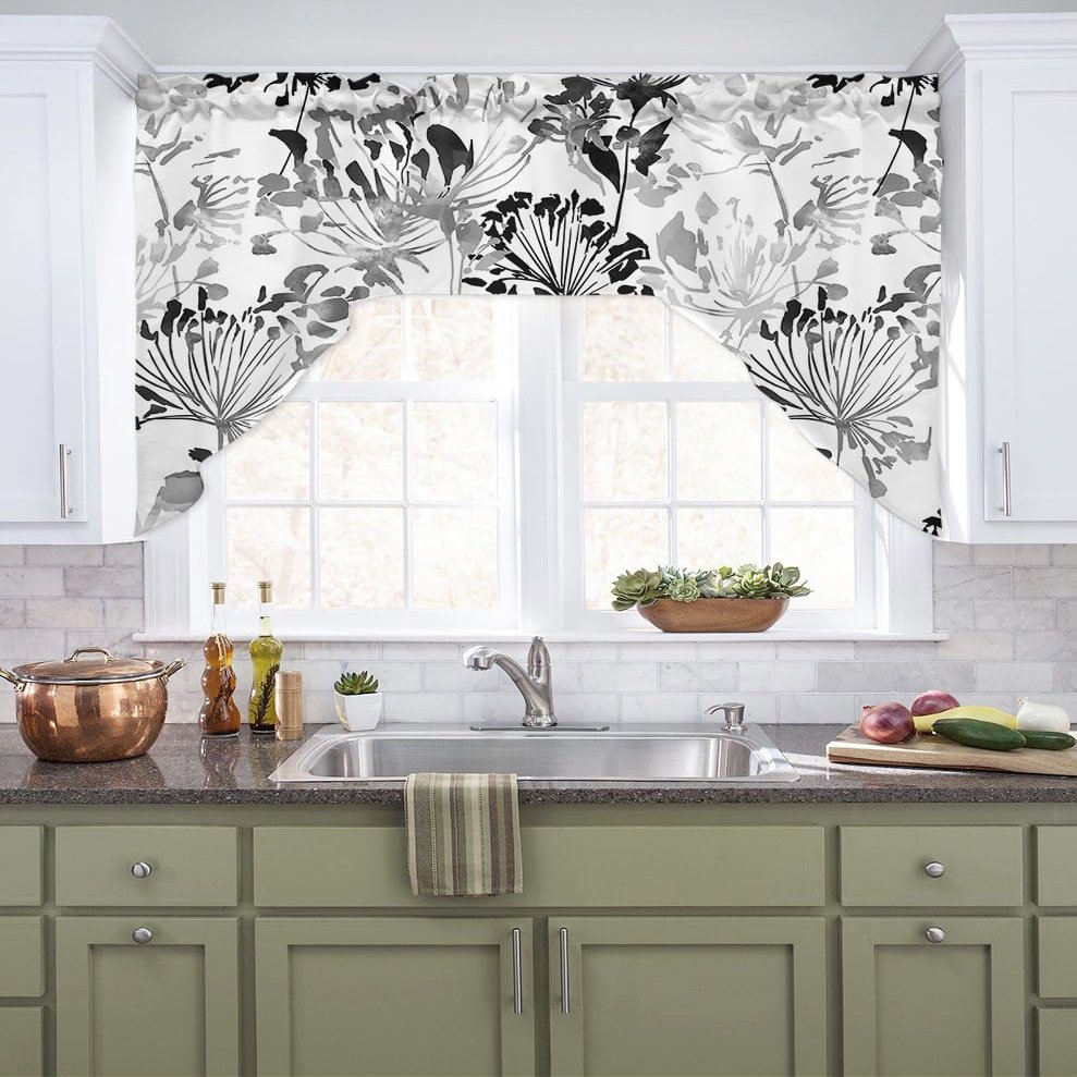 Jolunifun Black Grey Flower, Swag Valance Kitchen Curtains, Rod Pocket Valance Curtain Panels for Bedroom Living Room Bathroom Cafe Windows, Watercolor Classic Dandelion Floral 56''x36''
