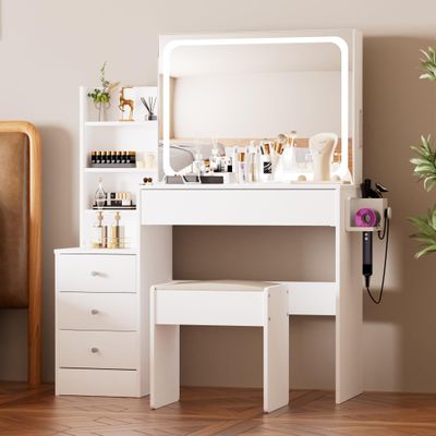 Makeup Vanity, Fashion Vanity Desk with Mirror and Lights, Makeup Vanity with Drawers & Shelves, White Vanity with Lighted Mirror, 3 Color Lighting Brightness Adjustable