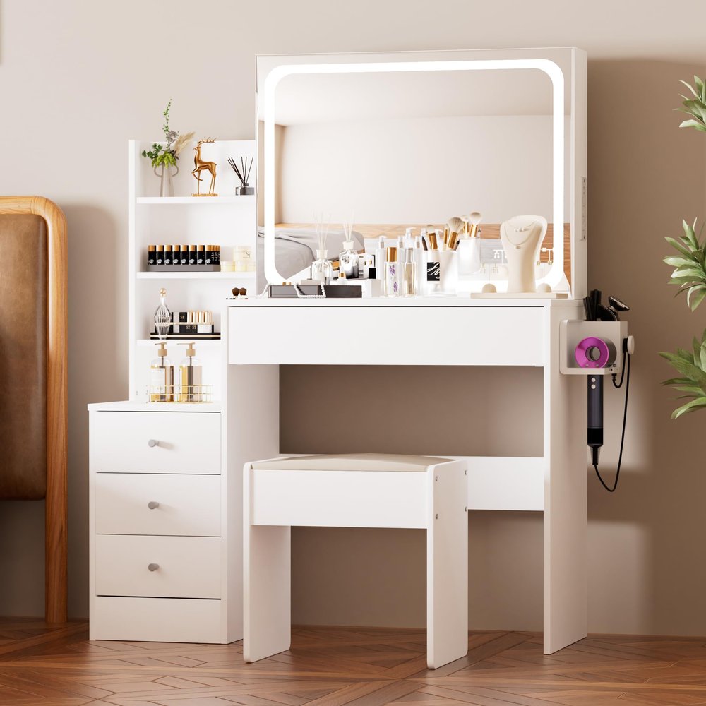 Makeup Vanity, Fashion Vanity Desk with Mirror and Lights, Makeup Vanity with Drawers & Shelves, White Vanity with Lighted Mirror, 3 Color Lighting Brightness Adjustable