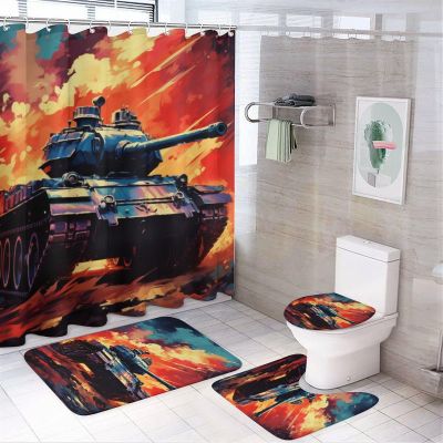 4PCS Medieval Tanks Shower Curtain Set Cool Looking Battlefield Retro Style Bathroom Decor Sets with Rugs Bathroom Accessories Set Bathroom Curtain Shower Set with 12 Hooks