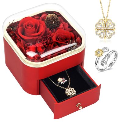 Fanadith Preserved Roses with Necklace & Ring, Eternal Roses, Real Rose Gifts for Mom Wife Girlfriend, Valentines Day Gifts for Her, Mothers Day Anniversary Christmas Birthday Gifts for Women (Red)
