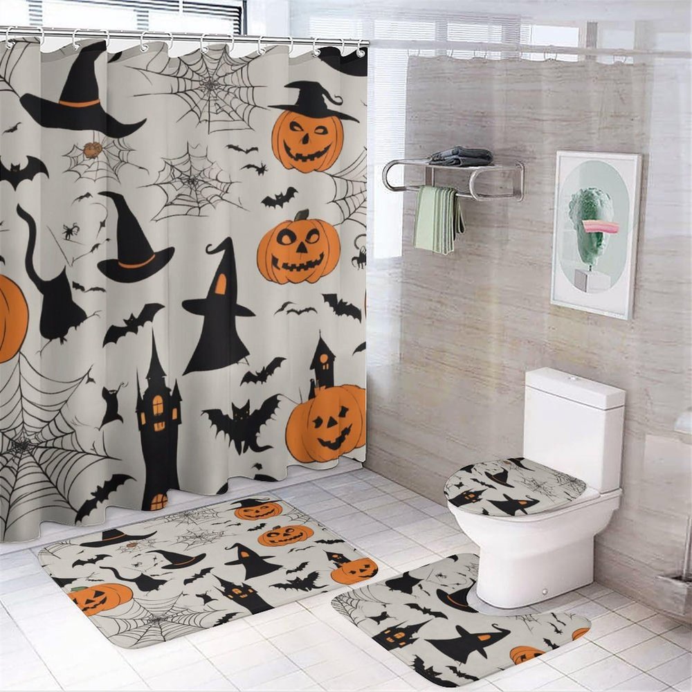 ZGDPBYF 3 Piece Bathroom Rugs Set, Halloween Non-Slip Soft Bath Mat Set, Black Bat Spider Web Bathroom Mat, Living Room Bedroom Mat, Machine Washable, Dries Quickly,