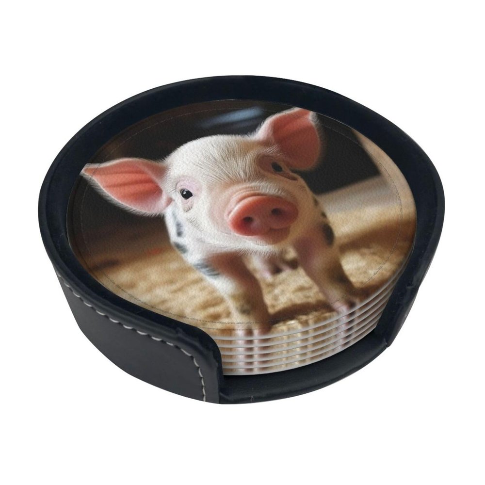 Cute Pig Coasters Set of 6 Round Leather Coaster with Holder Heat Resistant Coasters for Drinks Mug Coaster Coffee Mat Cup Pad for Kitchen Office Home Decoration