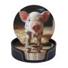 Cute Pig Coasters Set of 6 Round Leather Coaster with Holder Heat Resistant Coasters for Drinks Mug Coaster Coffee Mat Cup Pad for Kitchen Office Home Decoration view 2