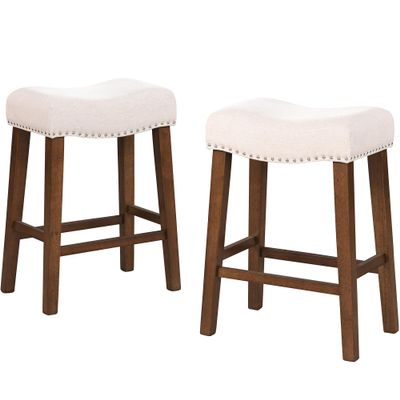 Larksperal 26" Counter Height Bar Stools - Modern Backless Kitchen Island Saddle Barstools Chairs with Footrest, Solid Wood Legs & Nailhead Trim Linen Fabric Cushion, Beige, Set of 2