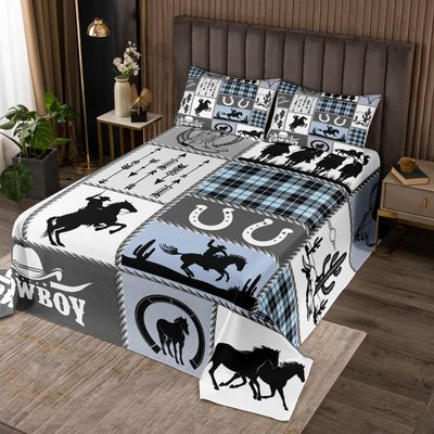 Western Cowboy Kids Bedspread King Size,Horseshoes Cactus Rustic Farmhouse Coverlet Set,Boys Girls Adults Room Decor,Arrow Geometric Plaids Quilted Coverlet,Blue Retro Bedding Quilt,2 Pillowcases