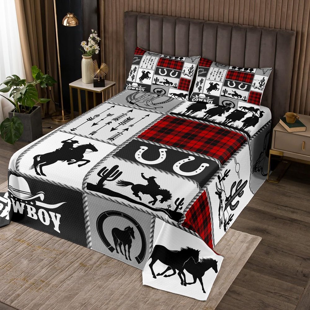 Rustic Farmhouse Horse Kids Bedspread Twin Size,Western Cowboy Cactus Coverlet Set,Boys Girls Adults Room Decor,Geometric Plaids Arrows Boho Quilted Coverlet,Red Xmas Bedding Quilt,1 Pillowcase