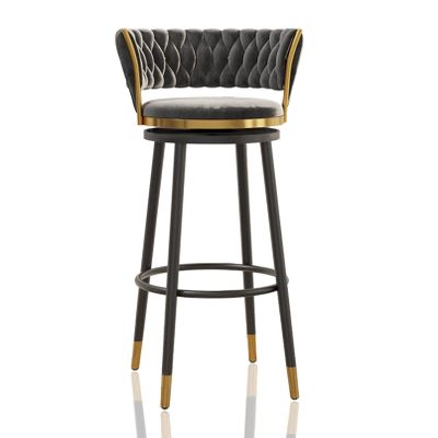 LaseVe Bar Stools Swivel Bar Stools with Woven Back Set of 1/2/3/4, Counter Height Stools for Kitchen, Grey Velvet Seat, Black Metal Legs, Seat Height 65/75cm