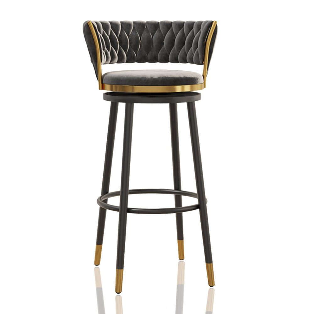 LaseVe Bar Stools Swivel Bar Stools with Woven Back Set of 1/2/3/4, Counter Height Stools for Kitchen, Grey Velvet Seat, Black Metal Legs, Seat Height 65/75cm