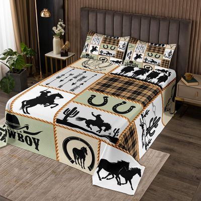 Manfei Western Cowboy Kids Bedspread Twin Size,Horseshoes Cactus Arrows Plaids Patchwork Coverlet Set,Boys Girls Adults Room Decor,Rustic Farmhouse Quilted Coverlet,Country Bedding Quilt,1 Pillowcase