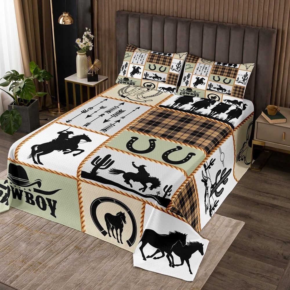 Manfei Western Cowboy Kids Bedspread Twin Size,Horseshoes Cactus Arrows Plaids Patchwork Coverlet Set,Boys Girls Adults Room Decor,Rustic Farmhouse Quilted Coverlet,Country Bedding Quilt,1 Pillowcase