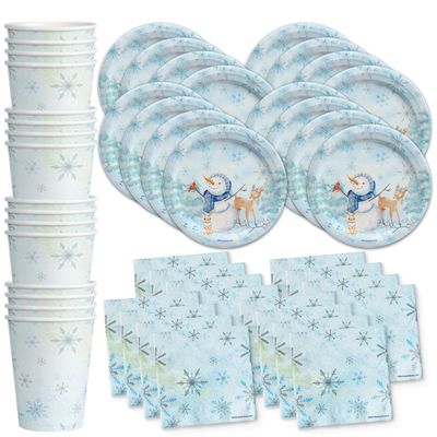 Snowman Birthday Party Supplies - Blue Snowflake Winter Party Set - Boy Birthday Supplies - Winter Paper Plates - Tableware Set Plates Napkins Cups Kit for 16