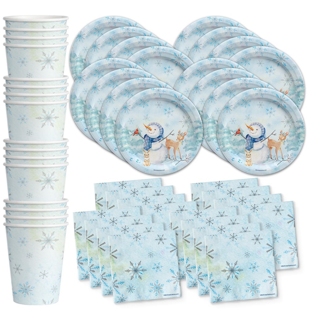 Snowman Birthday Party Supplies - Blue Snowflake Winter Party Set - Boy Birthday Supplies - Winter Paper Plates - Tableware Set Plates Napkins Cups Kit for 16