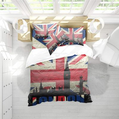 Boasorte Retro British Flag Design Duvet Cover Set | UK Flag Big Ben Union Jack Prints Bedding Set | with Soft Duvet Cover+2 Pillow Shams(3pcs) or Sheet (4pcs) (D,Full-3PCS)