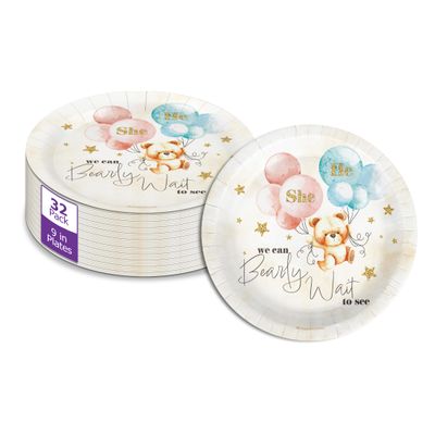 Birthday Galore Teddy Bear Gender Reveal Plates Themed Party Supplies, Ideal for Baby Shower A Bulk Elegant & Colorful Disposable 9-Inch Plates for Celebrating Baby Showers and All Events 32 Count