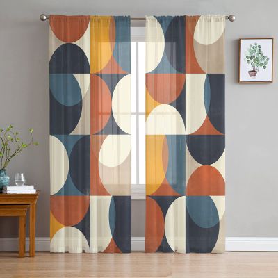 Victoroes Mid Century Sheer Curtains 96 Inches Long, Navy Blue Gray Color Block Abstract Geometry Window Treatment Panels Rod Pocke Curtain Voile Drapes for Bedroom/Living Room Each 52" W x 96" L